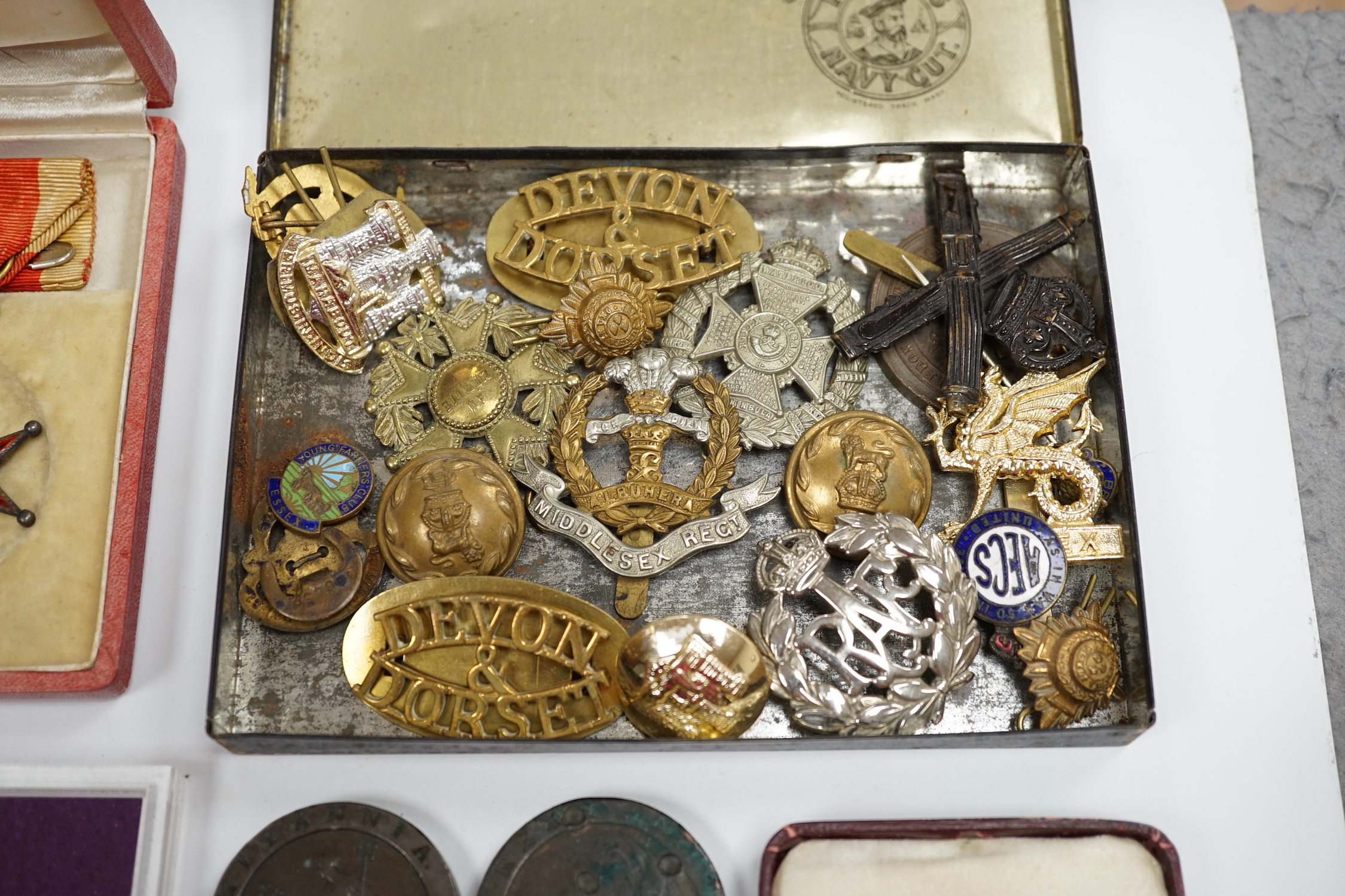 A collection of medals and coins including; an original card Air Ministry box containing a 1939-45 star and a 1939-45 medal in their greaseproof envelopes, together with a further Defence medal, a 1939-45 medal, a cased